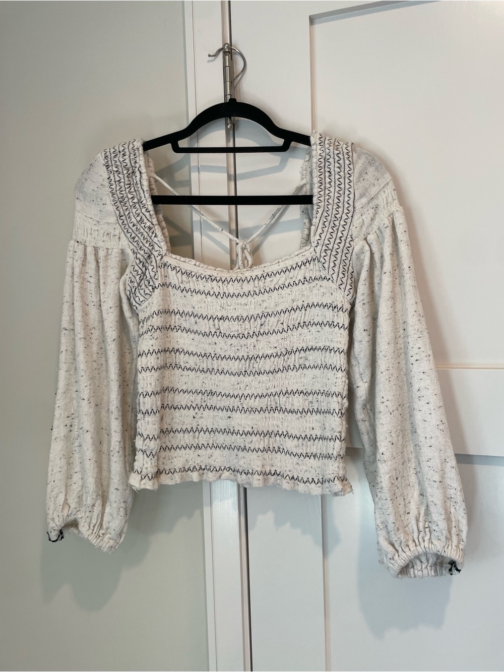 Free People Cream Smocked Square-Neck Peasant Top